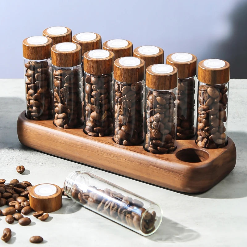 Glass Coffee Bean Storage Tube with Wooden Holder Stand
