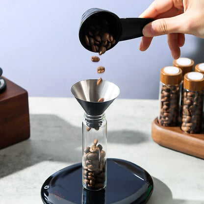 Glass Coffee Bean Storage Tube with Wooden Holder Stand