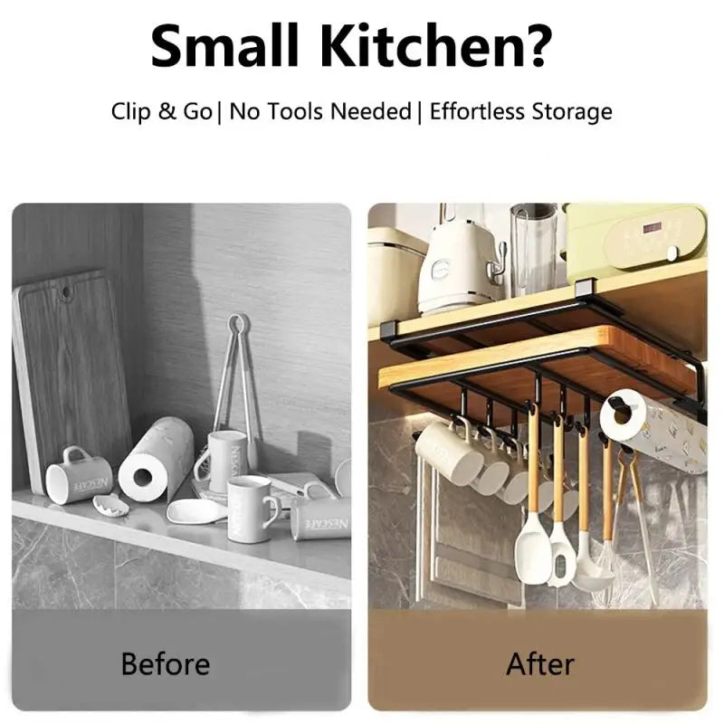 Under Cabinet Kitchen Organizer Rack with Hooks & Holder