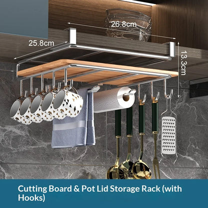 Under Cabinet Kitchen Organizer Rack with Hooks & Holder