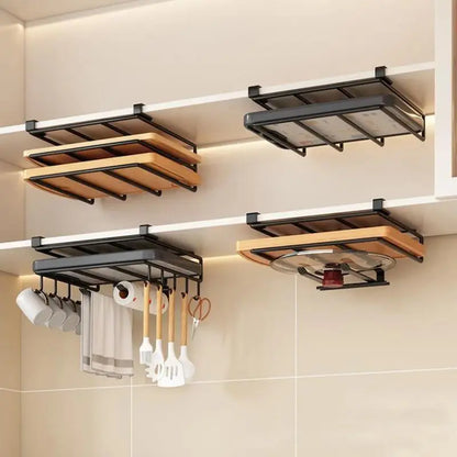 Under Cabinet Kitchen Organizer Rack with Hooks & Holder