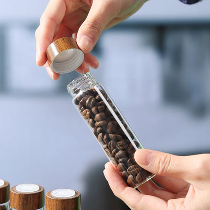Glass Coffee Bean Storage Tube with Wooden Holder Stand