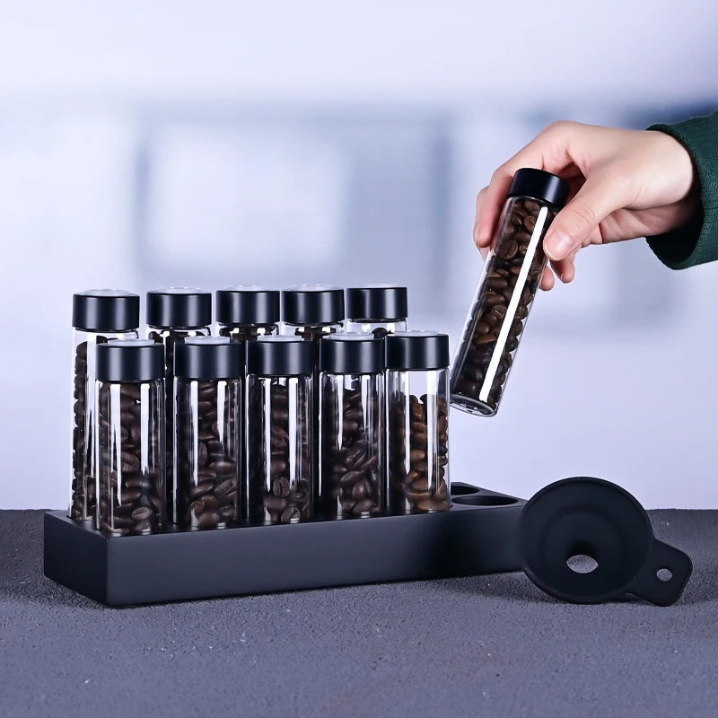 Glass Coffee Bean Storage Tube with Wooden Holder Stand